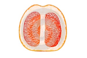 Ripe grapefruit cut in half on a white background, showing its juicy pink and yellow flesh