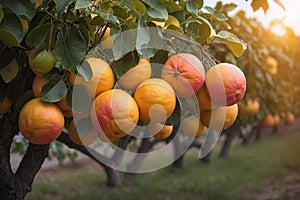 Ripe grapefruits hanging from the branches of a grapefruit tree