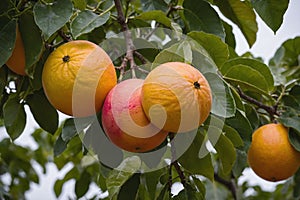 Ripe grapefruits hanging from the branches of a grapefruit tree