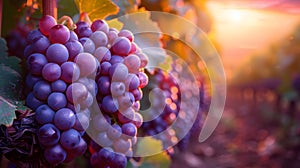 Ripe grapes bask in the warm glow of a setting sun at a vineyard