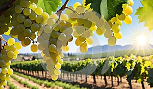 Ripe grapes bunches against blurred vineyard landscape at sunny day.Winery agriculture, grape harvest concept banner for design.