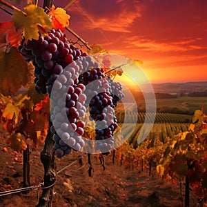 Ripe grapes and vineyard in autumn