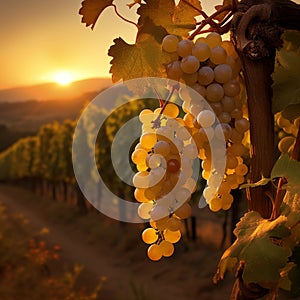 Ripe grapes and vineyard in autumn