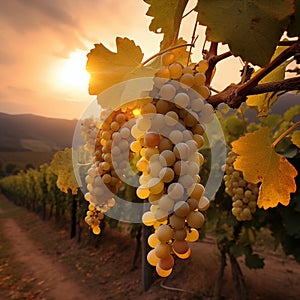 Ripe grapes and vineyard in autumn