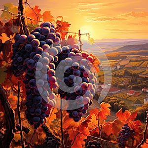 Ripe grapes and vineyard in autumn