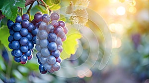 Ripe grapes on a vineyard branch close-up. Concept of gardening, healthy eating and winemaking