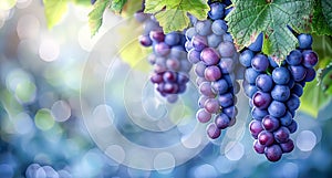 Ripe grapes on a vineyard branch close-up. Concept of gardening, healthy eating and winemaking