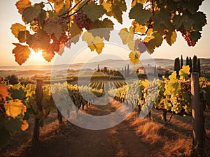 Ripe grapes in vineyard at sunset time, wine yard