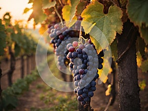 Ripe grapes in vineyard at sunset time, wine yard
