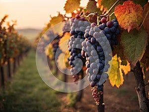 Ripe grapes in vineyard at sunset time, wine yard