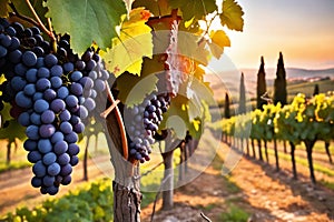 Ripe grapes in vineyard at sunset, Tuscany, Italy