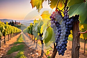 Ripe grapes in vineyard at sunset, Tuscany, Italy