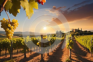 Ripe grapes in vineyard at sunset, Tuscany, Italy