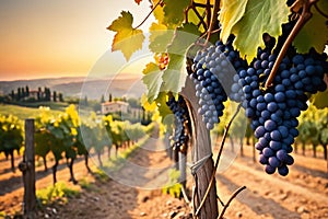 Ripe grapes in vineyard at sunset, Tuscany, Italy