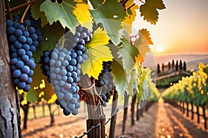 Ripe grapes in vineyard at sunset, Tuscany, Italy