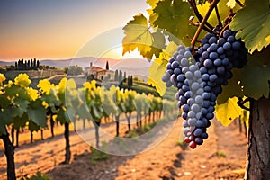 Ripe grapes in vineyard at sunset, Tuscany, Italy