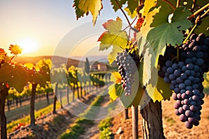 Ripe grapes in vineyard at sunset, Tuscany, Italy