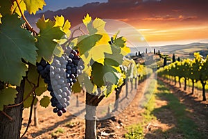 Ripe grapes in vineyard at sunset, Tuscany, Italy