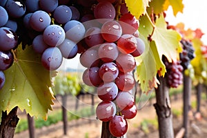 Ripe grapes in vineyard at sunset, Tuscany, Italy