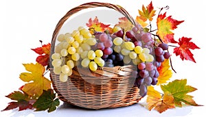 Ripe Grapes in a Wicker Basket on White Background - Generative Ai