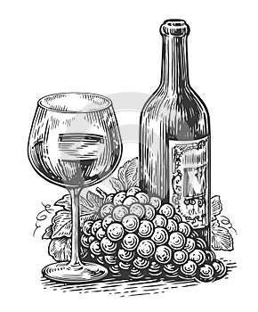 Ripe grapes, wine bottle and wine glass isolated on white background. Sketch vintage vector illustration