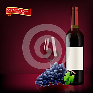 Ripe grapes, wine glass and bottles of wine on white. Red wine. Glasses, bottle, grapes.