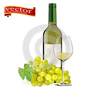 Ripe grapes, wine glass and bottles of wine on white. White wine. Glasses, bottle, grapes.