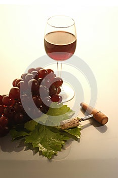 Ripe grapes, wine glasses and bottles of wine corkscrew isolated on white