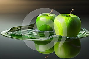 The ripe green apple covered by water drops. Isolation in water drop stream