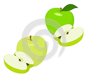 Ripe green apple fruit with apple half and apple leaf isolated on white background. Apples and leaf with vector