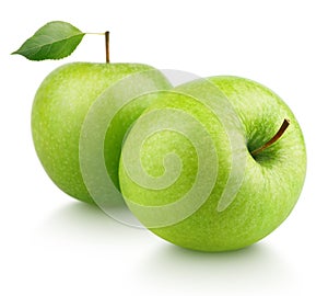 Ripe green apple fruits with leaf on white