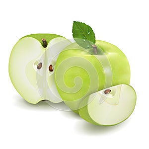 Ripe green apple with leaf and half, slice isolated on a white background 3d realistic illustration high detail. Vector