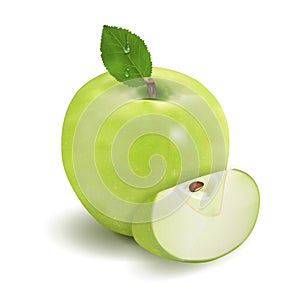Ripe green apple with leaf and slice isolated on a white background 3d realistic illustration high detail. Vector