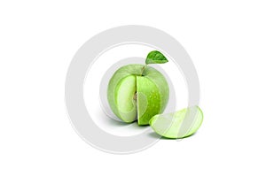 Ripe green apple with leaf and slice isolated on a white background with clipping path