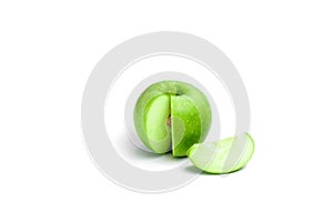 Ripe green apple with leaf and slice isolated on a white background with clipping path