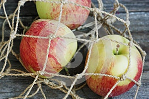 Ripe green apples in a string bag