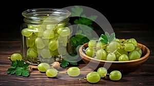 Ripe green gooseberries in a glass transparent bowl and jar on a wooden background. generative ai