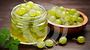 Ripe green gooseberries in a glass transparent bowl and jar on a wooden background. generative ai