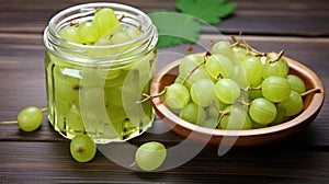 Ripe green gooseberries in a glass transparent bowl and jar on a wooden background. generative ai