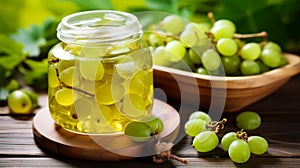 Ripe green gooseberries in a glass transparent bowl and jar on a wooden background. generative ai