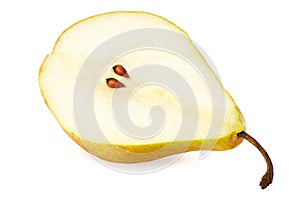 ripe green pear with slices isolated on white background