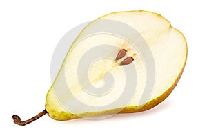 ripe green pear with slices isolated on white background