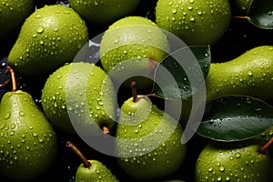 Ripe green pears with leaves, wet from rain on a dark backdrop evoking natural lushness and purity