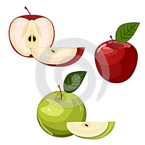 Ripe green and red apple with leaf slice isolated .