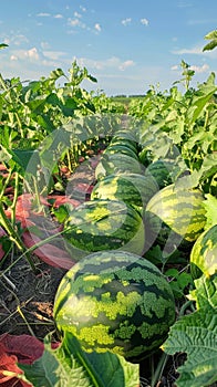 Ripe green watermelons spread across a sunlit field, showcasing sustainable agriculture during summer.