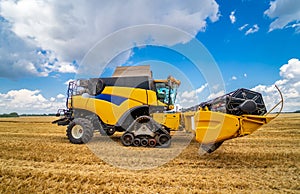 Ripe harvest concept.Yellow combine. Crop panorama. Cereal or wheat gathering. Heavy machinery. Blue sky above field.