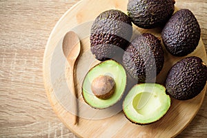 Ripe hass avocado fruit, top view