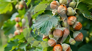 Ripe Hazelnuts on Branches of Hazelnut Tree