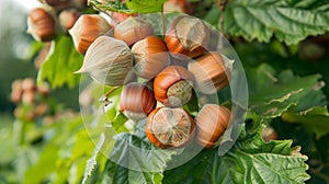 Ripe Hazelnuts on Branches of Hazelnut Tree
