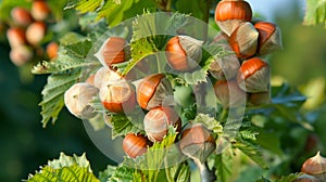 Ripe Hazelnuts on Branches of Hazelnut Tree